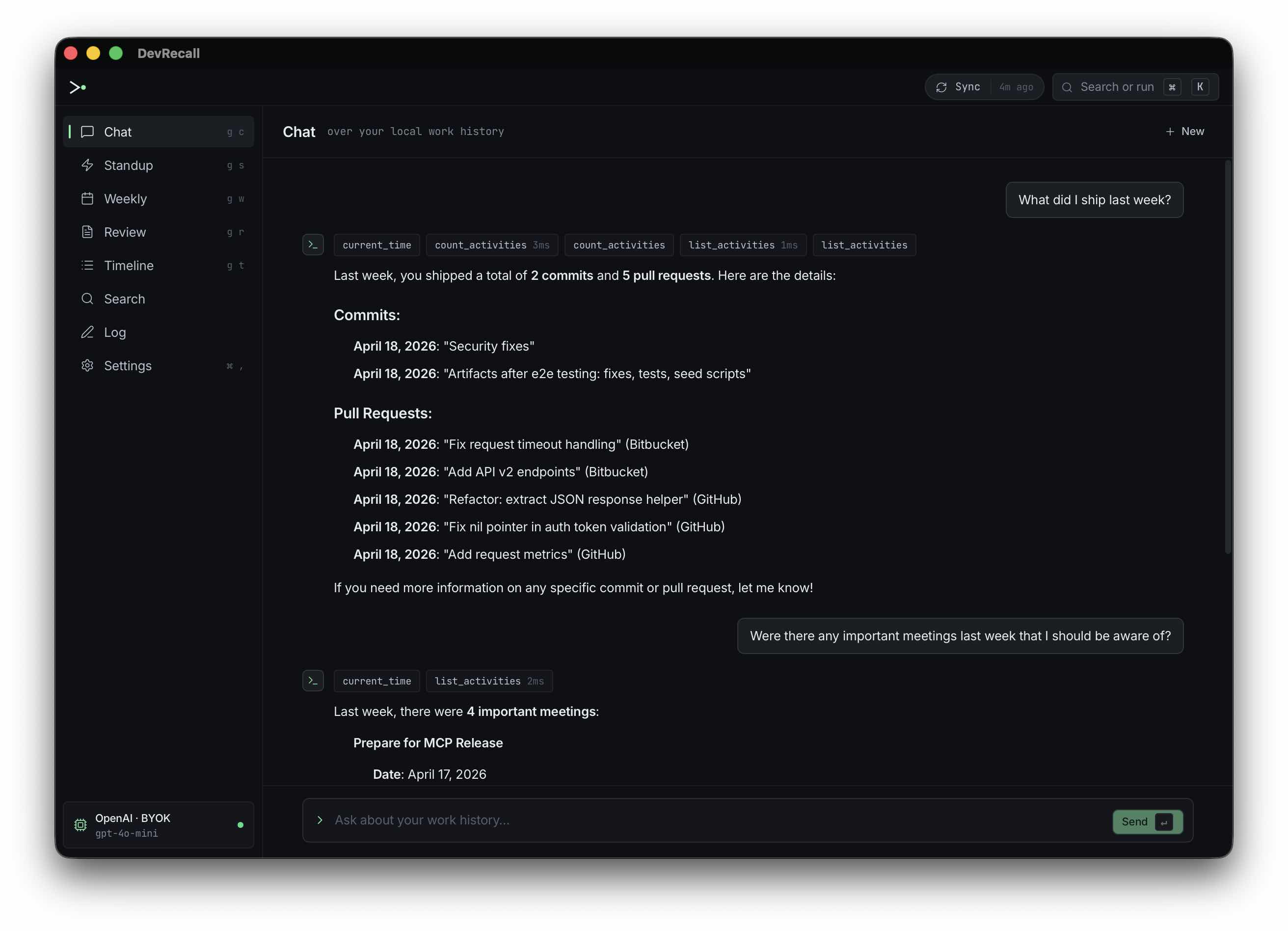 DevRecall chat — agent answering a question over local activity index